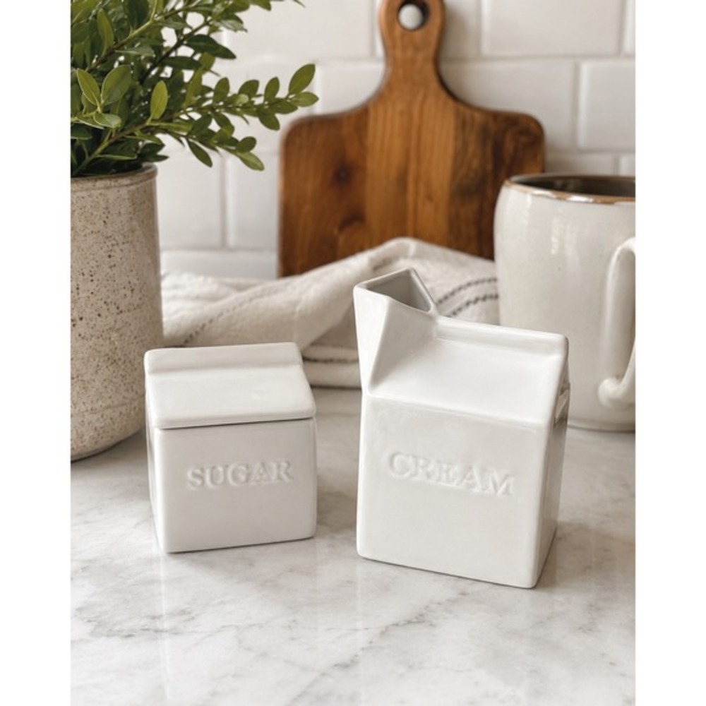 Fitz & Floyd modern farmhouse White Porcelain Milk Carton Creamer & Sugar Set